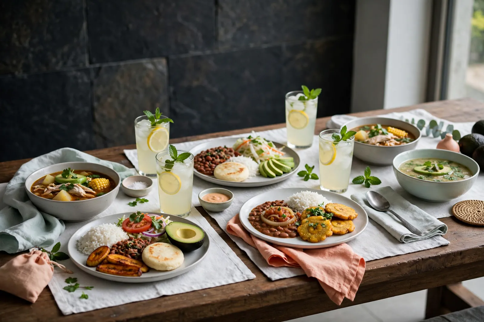 A long table with lunch plates and soup