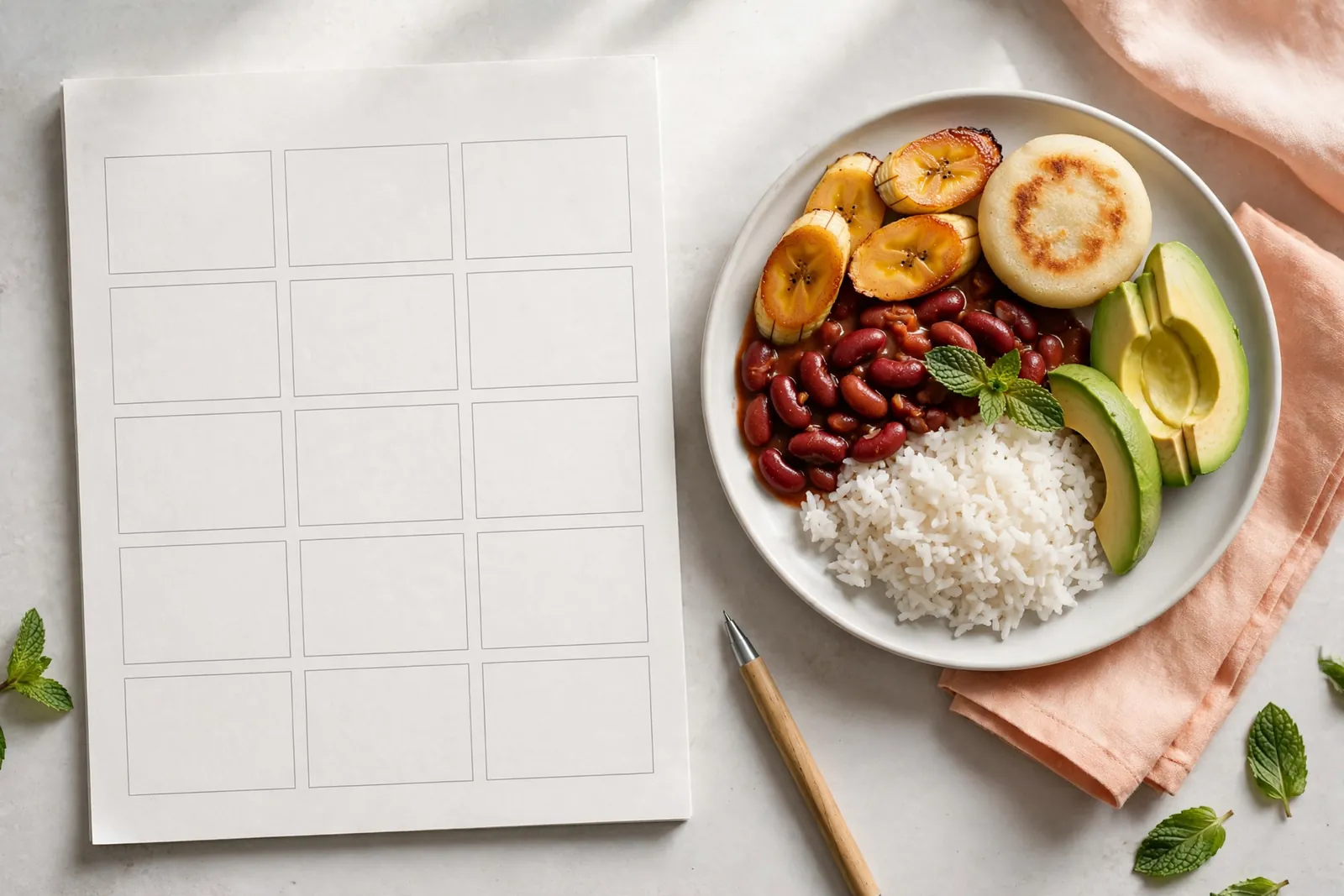 A blank weekly planner beside a lunch plate