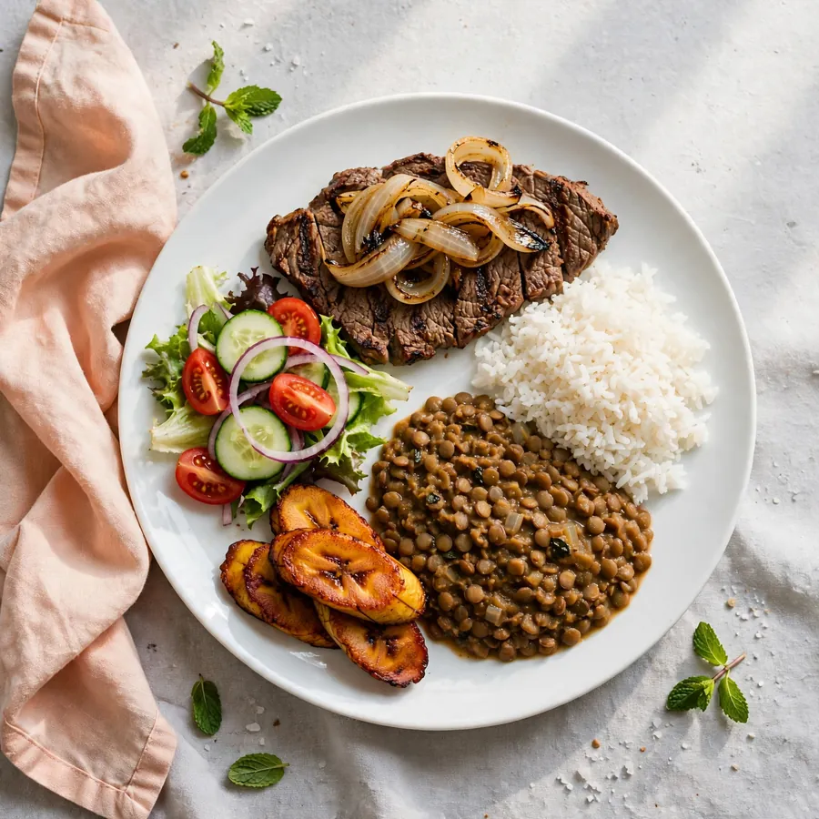 Grilled beef steak lunch plate